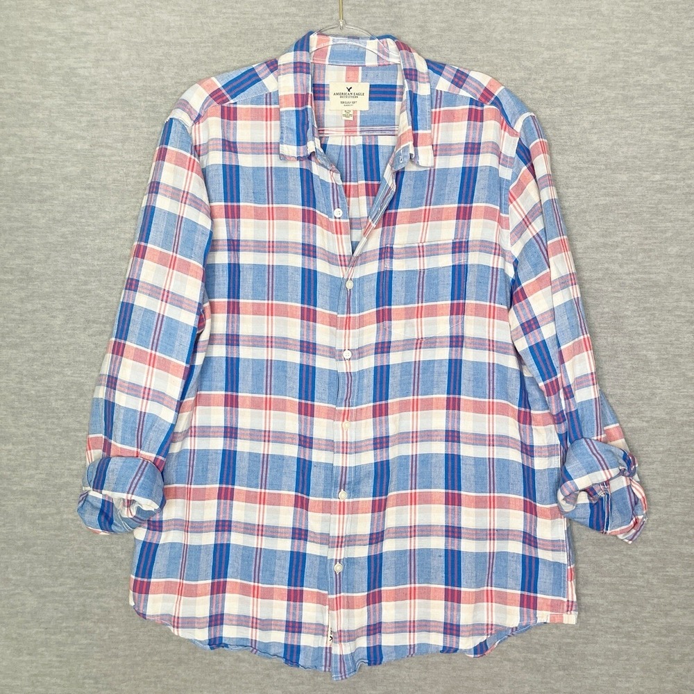 American Eagle Outfitters Mens Plaid‎ Linen Shirt Long Sleeve Classic Fit XL